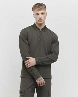 Khakifärgad slim fit-polotröja med struktur
