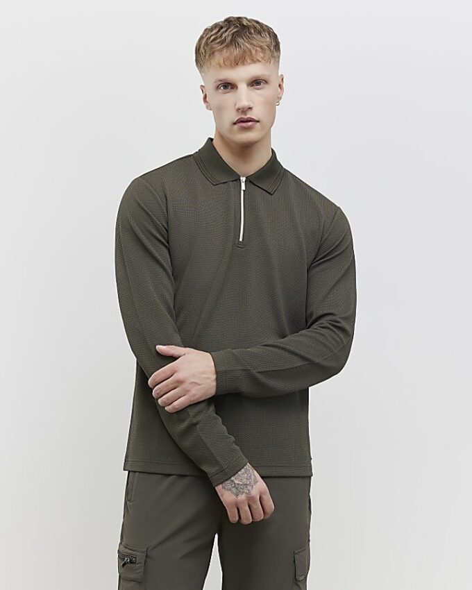 Khakifärgad slim fit-polotröja med struktur