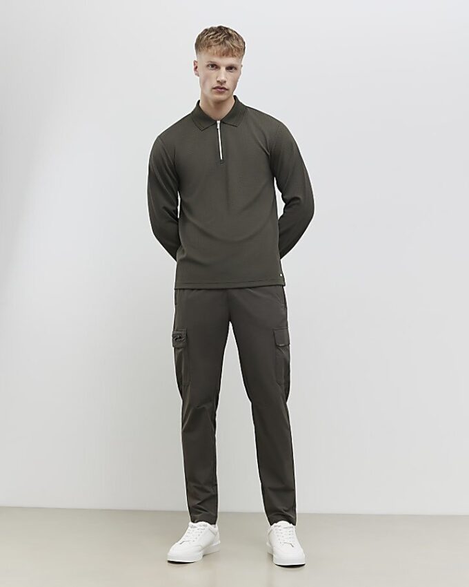 Khakifärgad slim fit-polotröja med struktur
