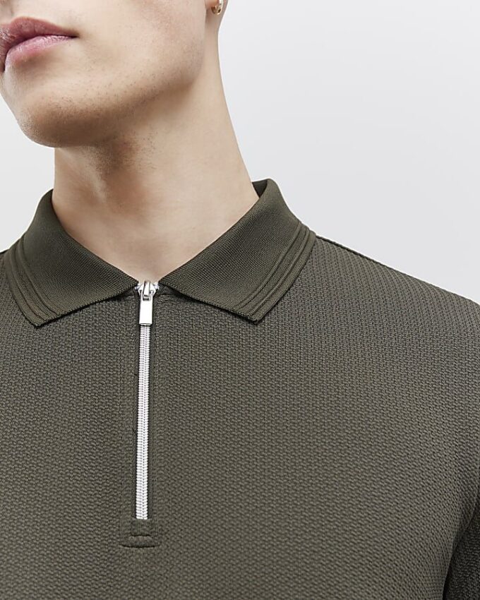 Khakifärgad slim fit-polotröja med struktur