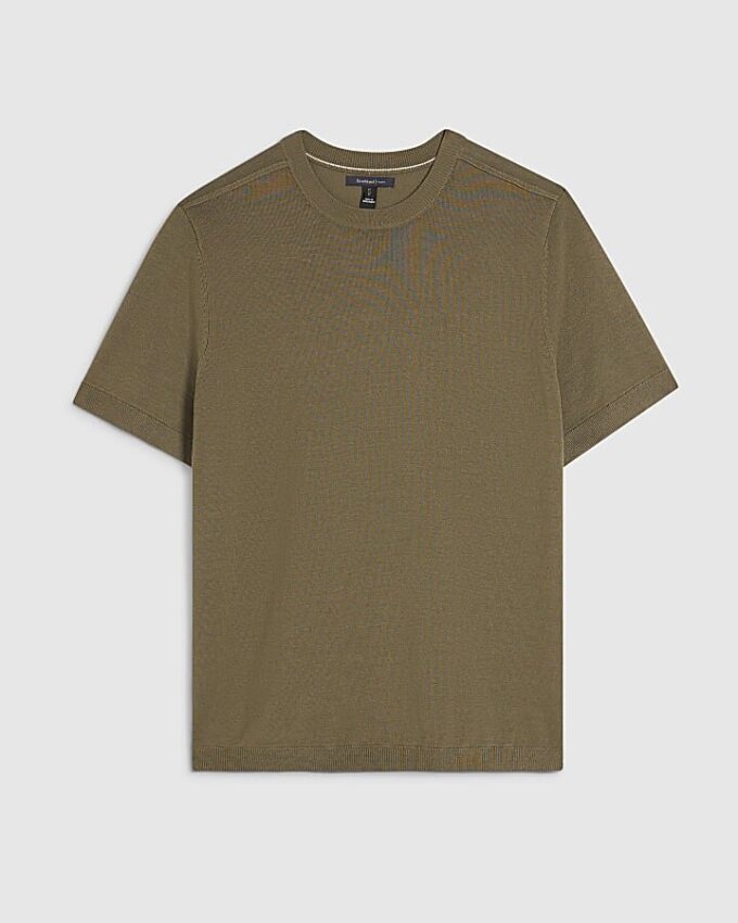 Khakifärgad slim fit-stickad T-shirt