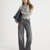 Krämfärgad långärmad ribbad topp med leopardmönster