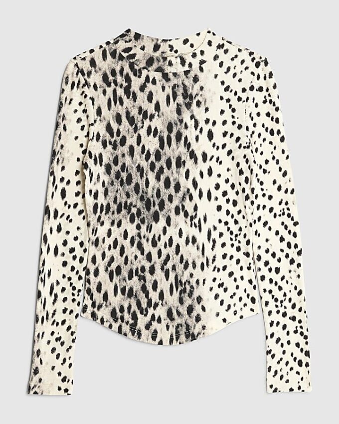 Krämfärgad långärmad ribbad topp med leopardmönster