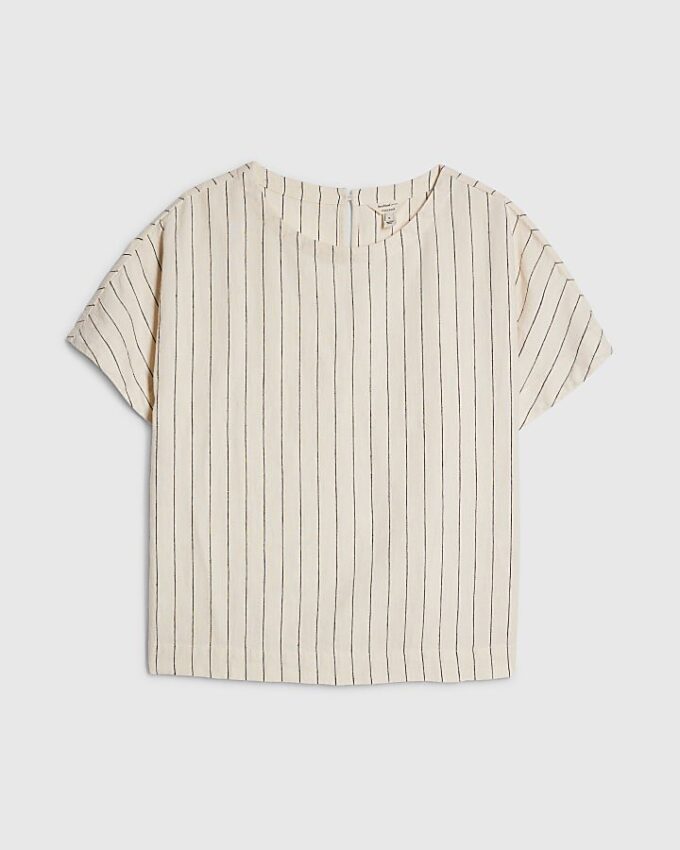 Krämfärgad randig T-shirt i linneblandning