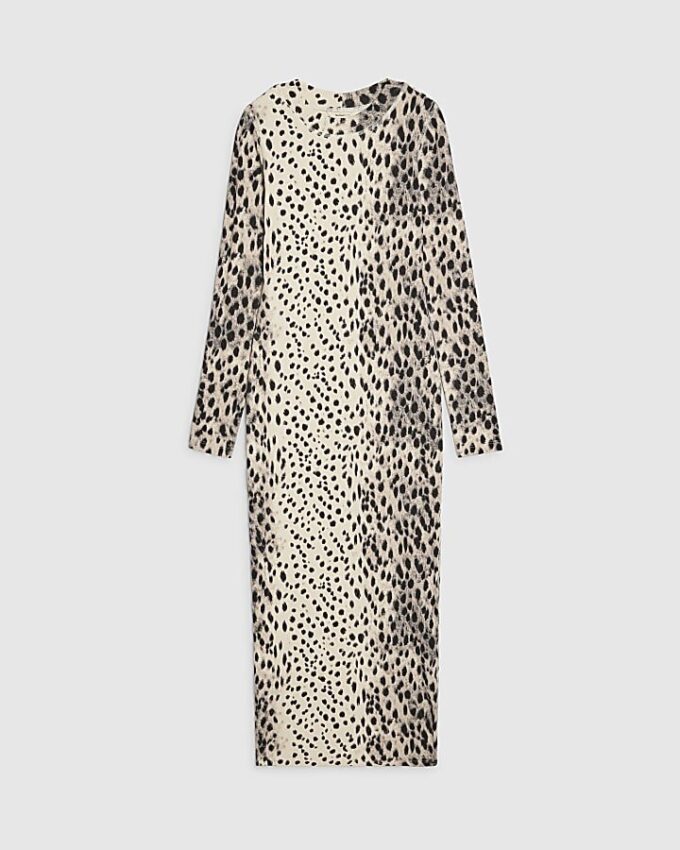 Krämfärgad ribbad midiklänning med leopardmönster