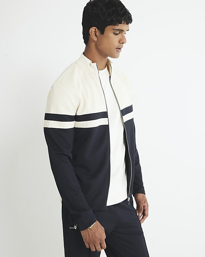 Krämfärgad slim fit-jacka med färgblock