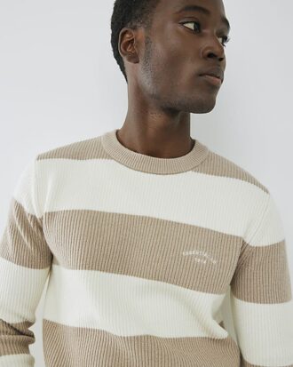 Krämfärgad slim fit-tröja med randiga ribbade block