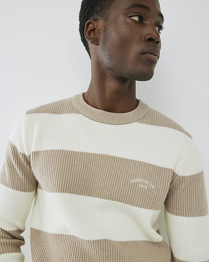 Krämfärgad slim fit-tröja med randiga ribbade block