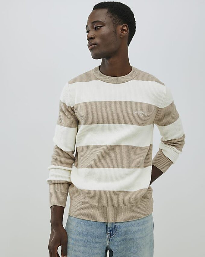 Krämfärgad slim fit-tröja med randiga ribbade block