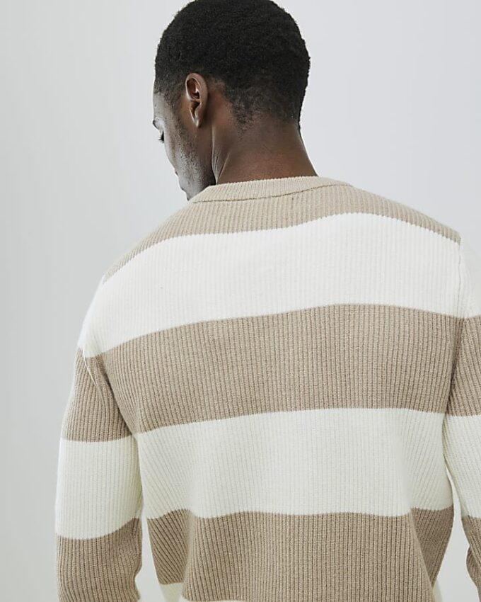 Krämfärgad slim fit-tröja med randiga ribbade block