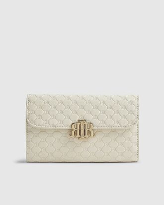 Krämfärgad veckad plånbok med präglat monogram