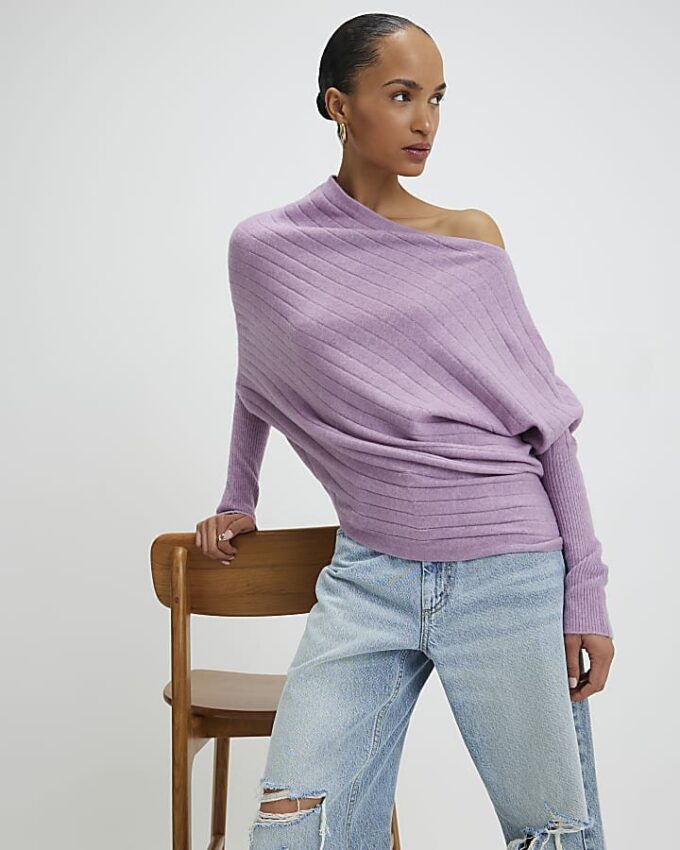 Lila ribbad off shoulder-tröja