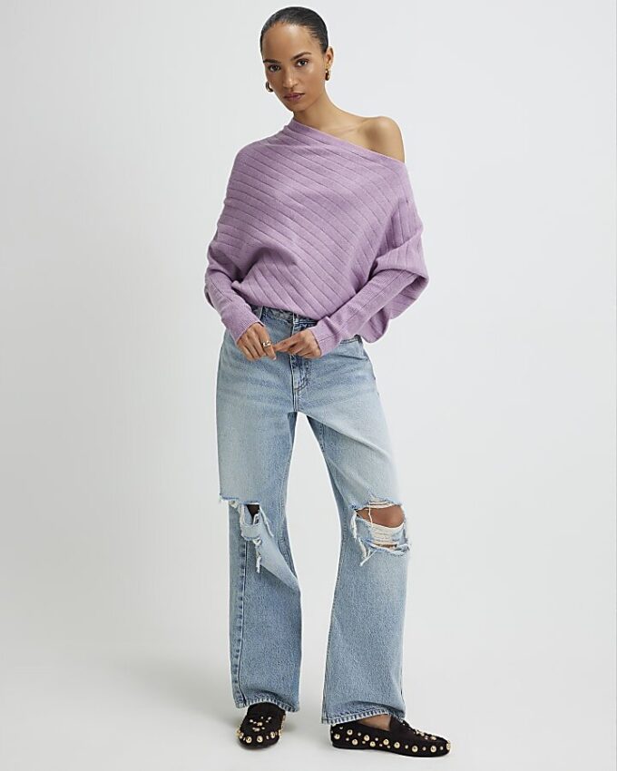 Lila ribbad off shoulder-tröja