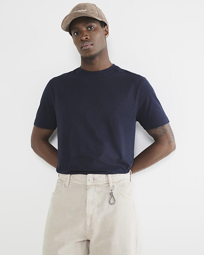 Marinblå 3-pack kortärmad slim fit-T-shirt