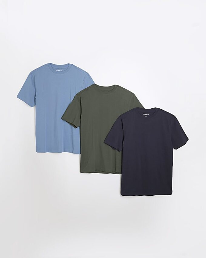 Marinblå 3-pack kortärmad slim fit-T-shirt