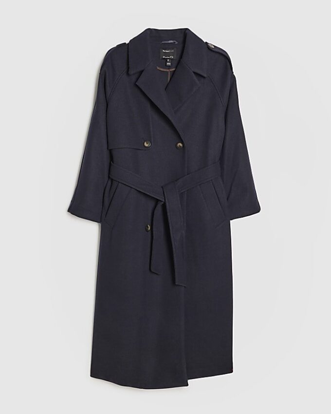 Marinblå dubbelknäppt trenchcoat med bälte