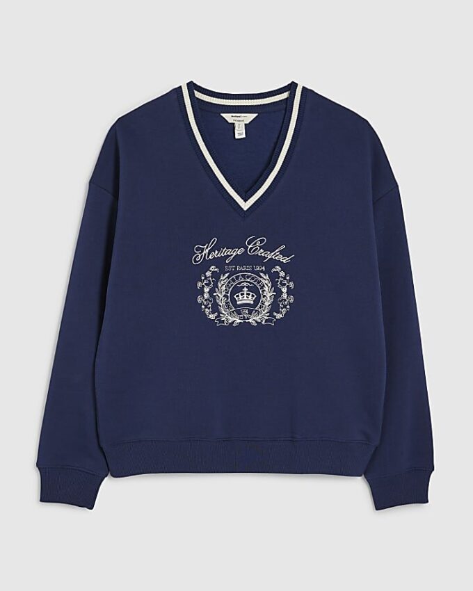 Marinblå långärmad tröja med Heritage Crest-brodyr