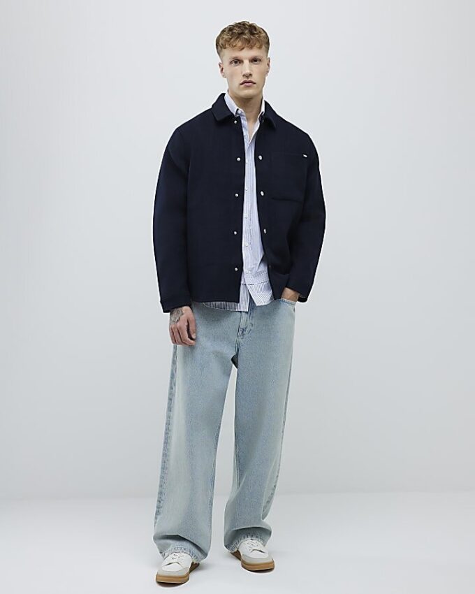 Marinblå overshirt med rundad fåll