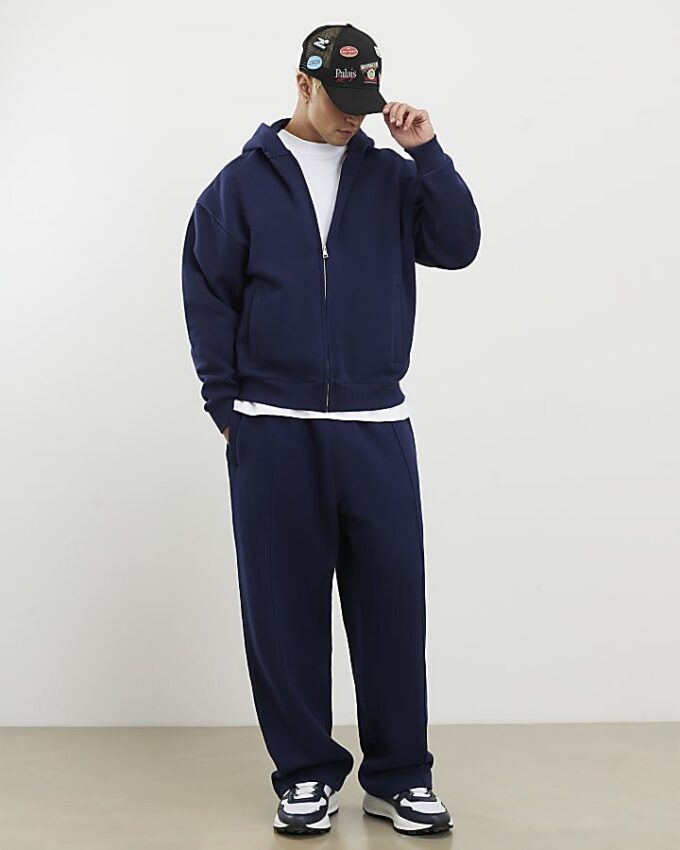 Marinblå oversized hoodie med dragkedja