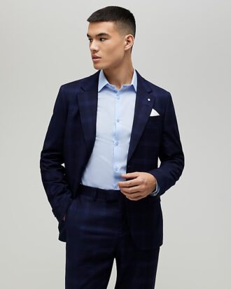 Marinblå slim fit-kostymjacka med rutmönster