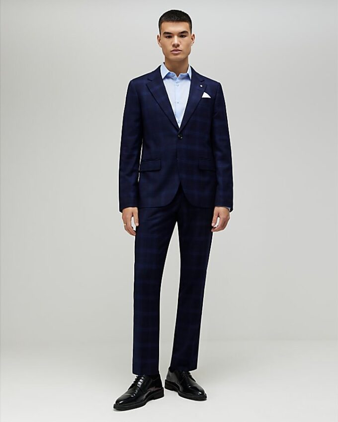 Marinblå slim fit-kostymjacka med rutmönster Marinblå slim fit-kostymjacka med rutmönster