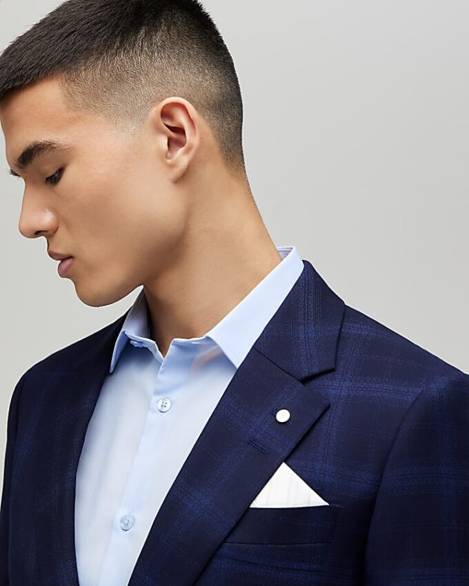 Marinblå slim fit-kostymjacka med rutmönster Marinblå slim fit-kostymjacka med rutmönster