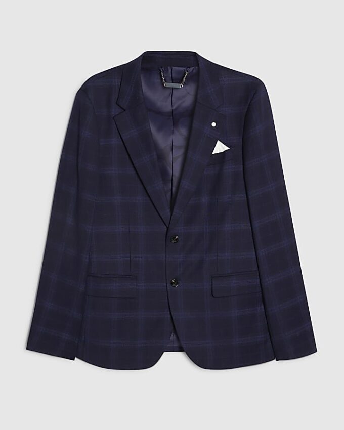 Marinblå slim fit-kostymjacka med rutmönster Marinblå slim fit-kostymjacka med rutmönster
