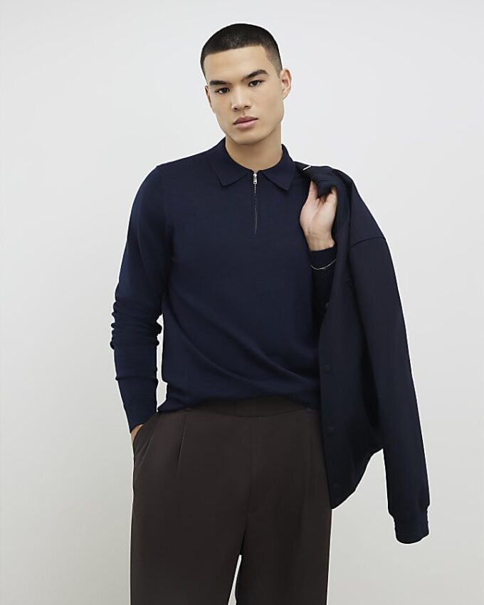 Marinblå slim fit-polotröja med dragkedja