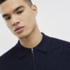 Marinblå slim fit-polotröja med dragkedja