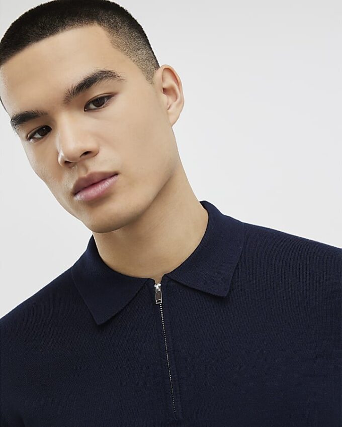 Marinblå slim fit-polotröja med dragkedja