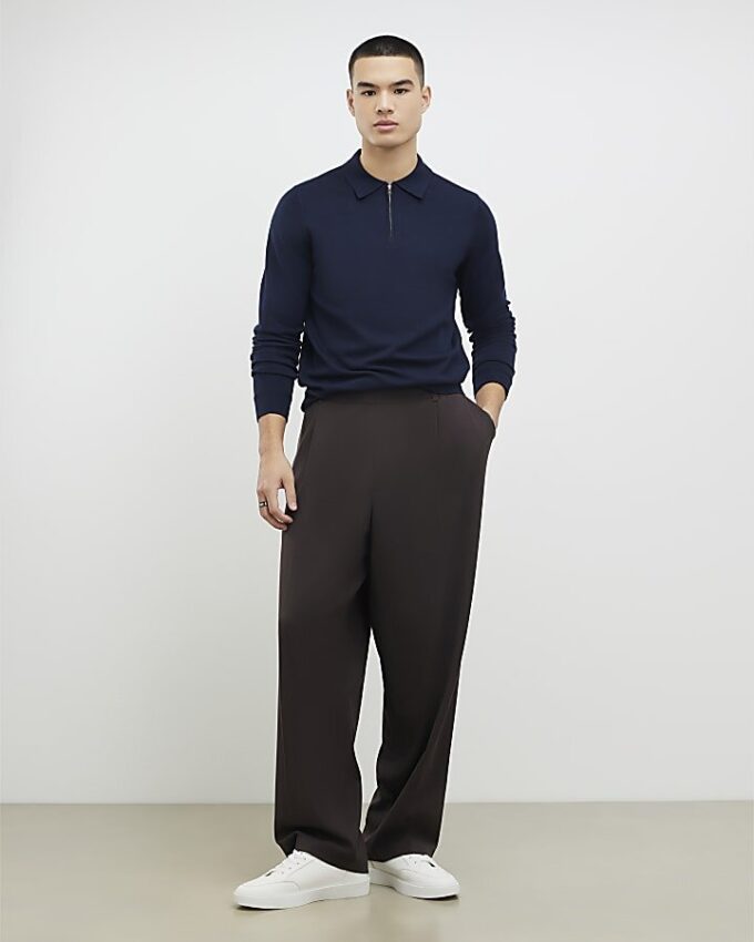 Marinblå slim fit-polotröja med dragkedja