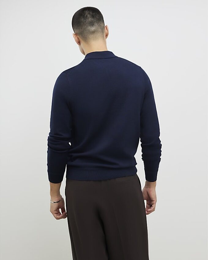 Marinblå slim fit-polotröja med dragkedja