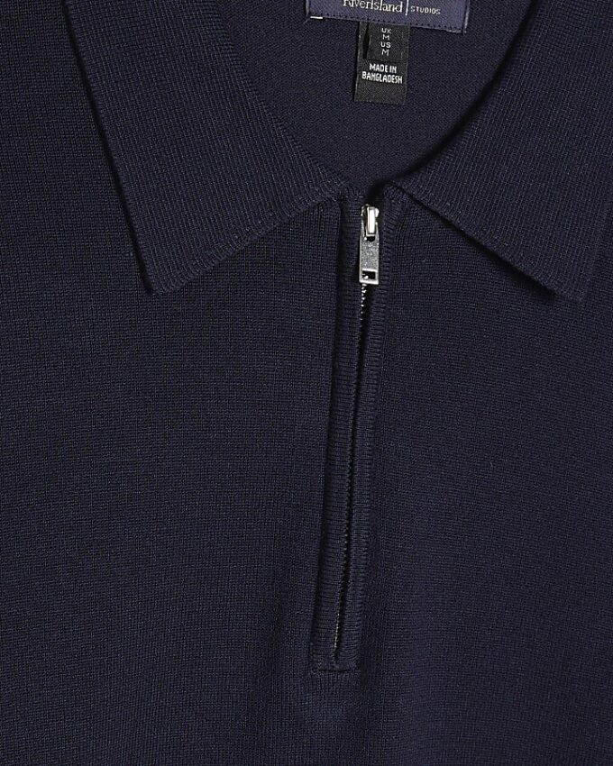 Marinblå slim fit-polotröja med dragkedja