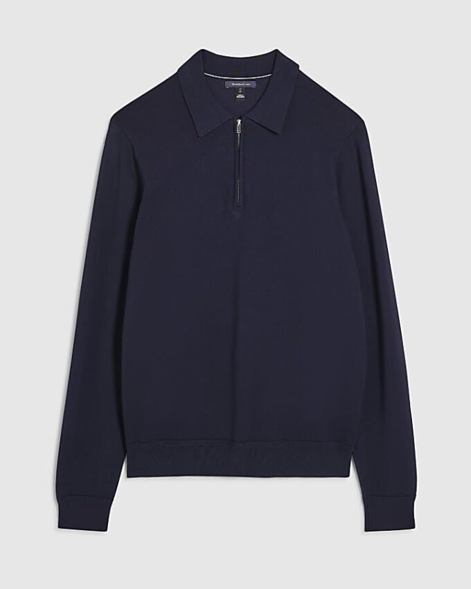 Marinblå slim fit-polotröja med dragkedja