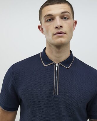 Marinblå slim fit-polotröja med kvartslång dragkedja