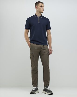 Marinblå slim fit-polotröja med kvartslång dragkedja