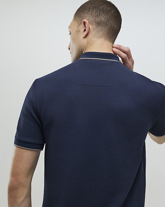 Marinblå slim fit-polotröja med kvartslång dragkedja
