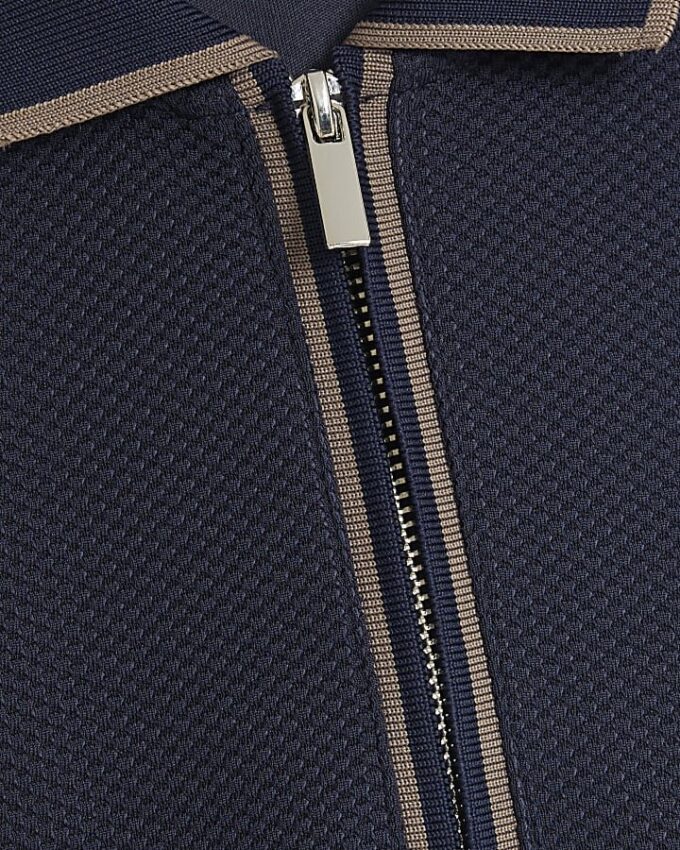 Marinblå slim fit-polotröja med kvartslång dragkedja