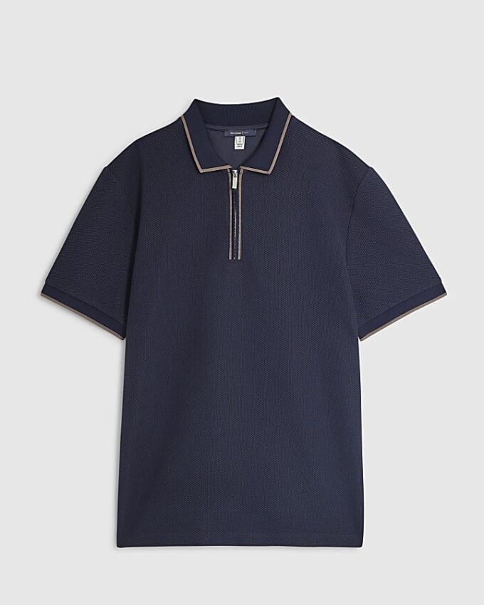 Marinblå slim fit-polotröja med kvartslång dragkedja