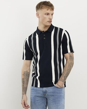Marinblå slim fit-polotröja med ränder