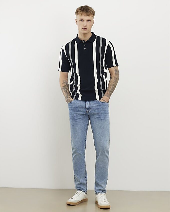 Marinblå slim fit-polotröja med ränder