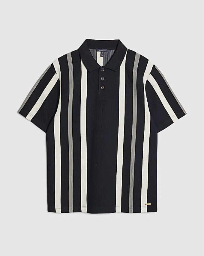Marinblå slim fit-polotröja med ränder