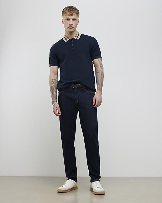 Marinblå slim fit-polotröja med rutig krage