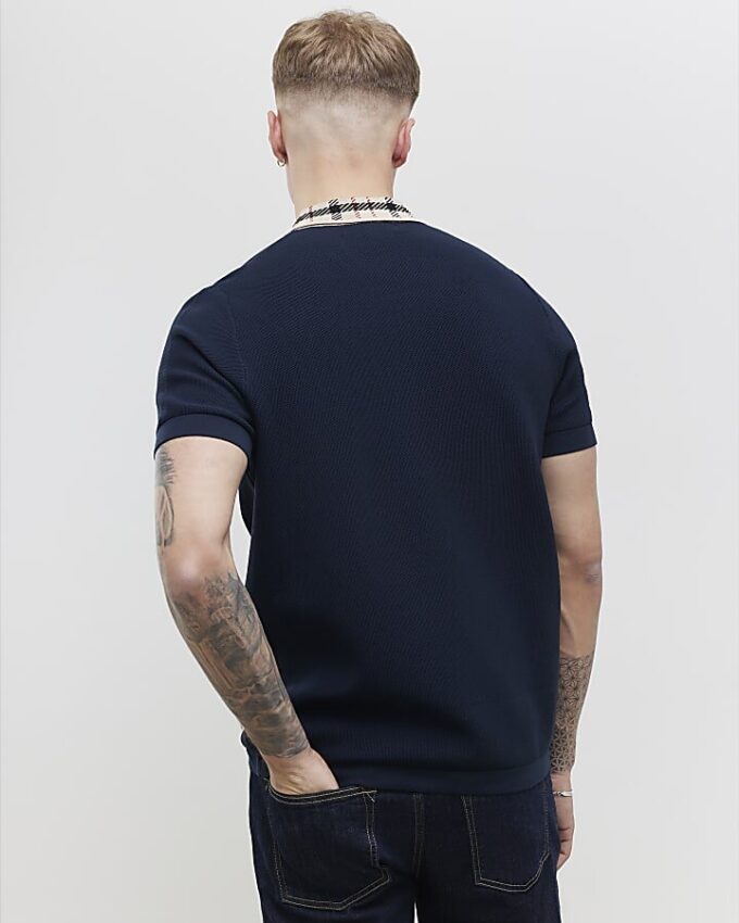 Marinblå slim fit-polotröja med rutig krage