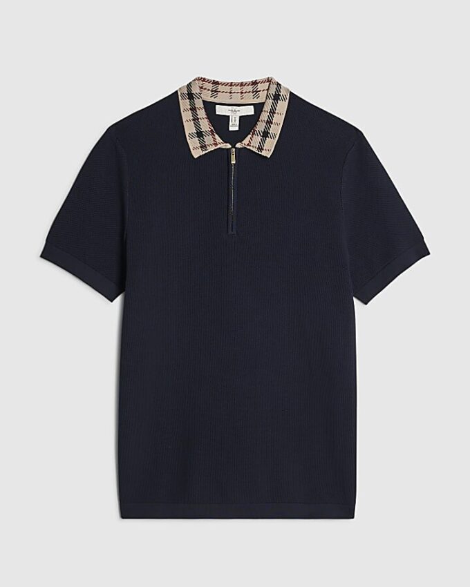 Marinblå slim fit-polotröja med rutig krage
