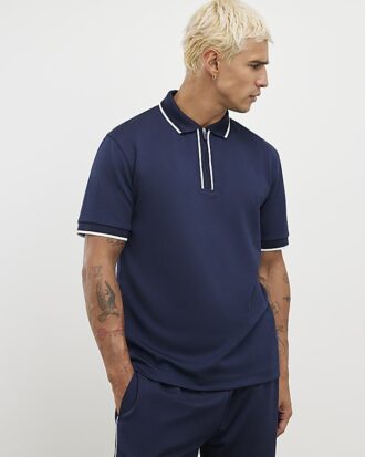Marinblå slim fit-polotröja med textur och dragkedja