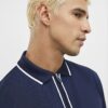 Marinblå slim fit-polotröja med textur och dragkedja