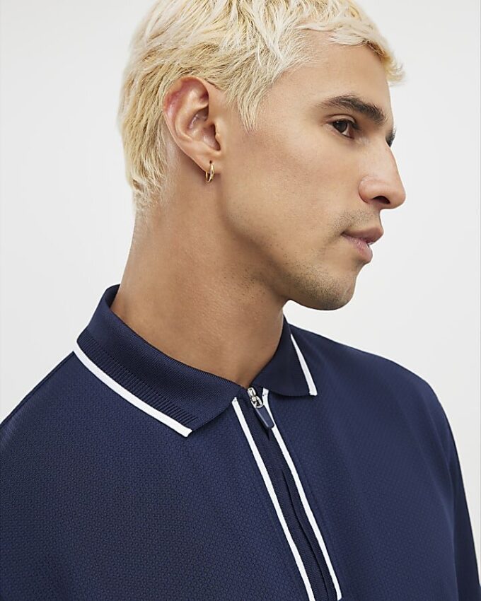 Marinblå slim fit-polotröja med textur och dragkedja