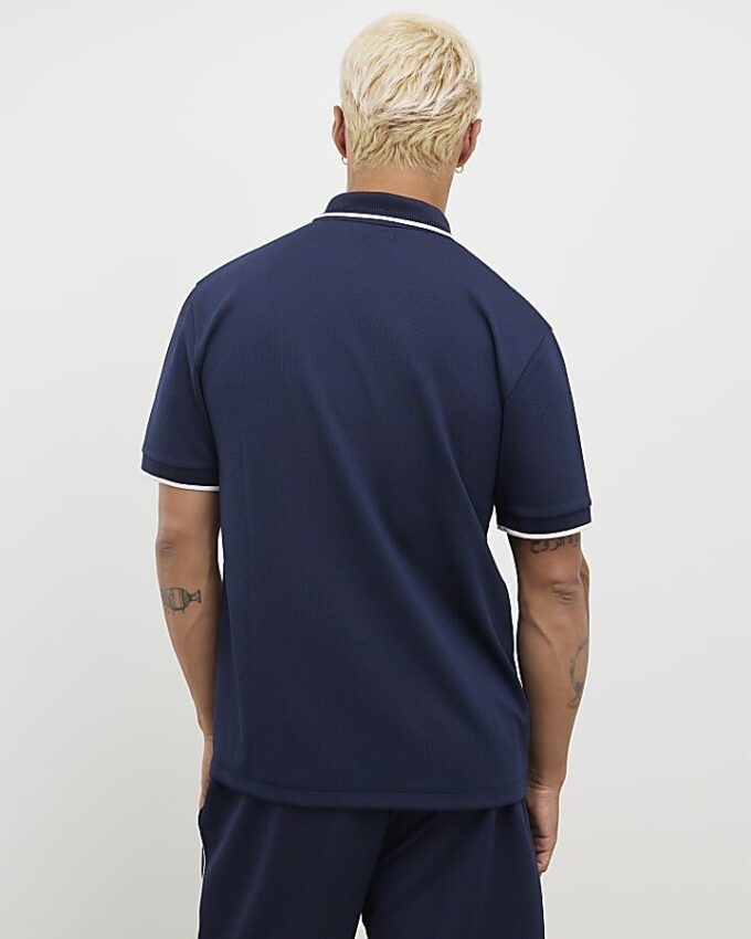 Marinblå slim fit-polotröja med textur och dragkedja