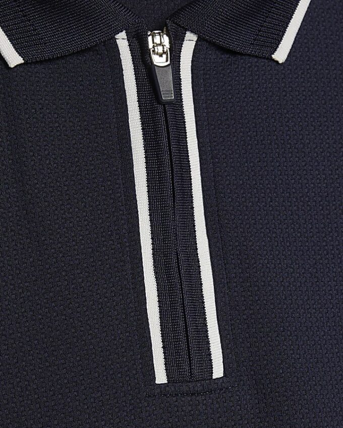 Marinblå slim fit-polotröja med textur och dragkedja